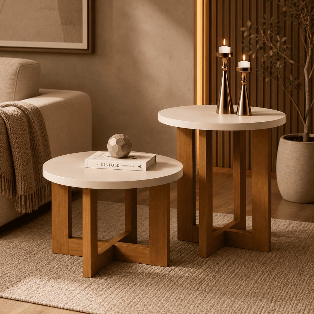 Conjunto com 1 Mesa Lateral e 1 Mesa De Centro Redonda Madeira Estilo Retrô Sala De Estar Decoração