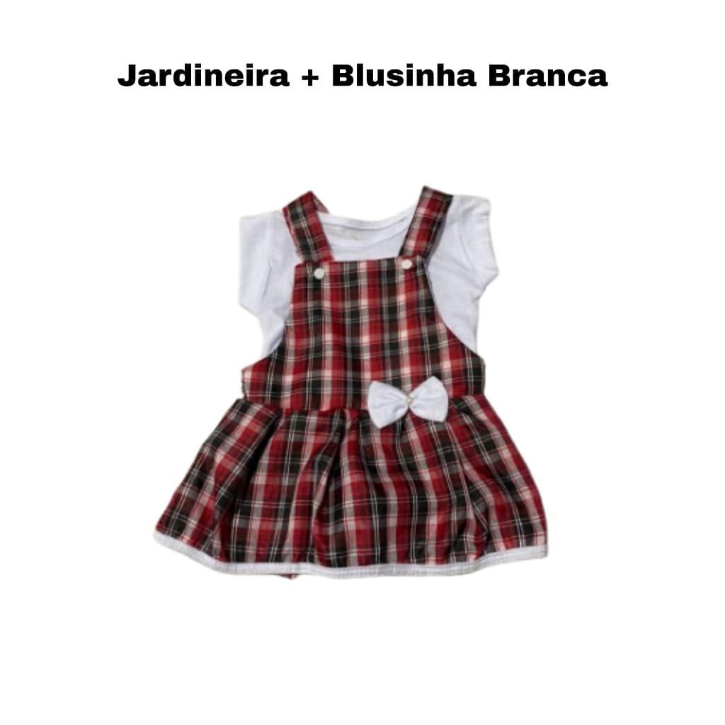 Conjunto Bebê Feminino Xadrez Vestido Jardineira + Blusinha Branca