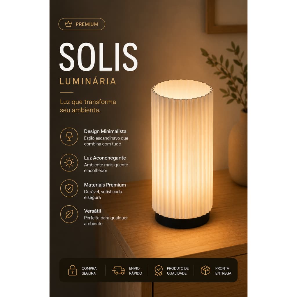 Luminária Solis de Mesa Minimalista LED Abajur Decorativo Luz Quente Premium Quarto Sala Escritório