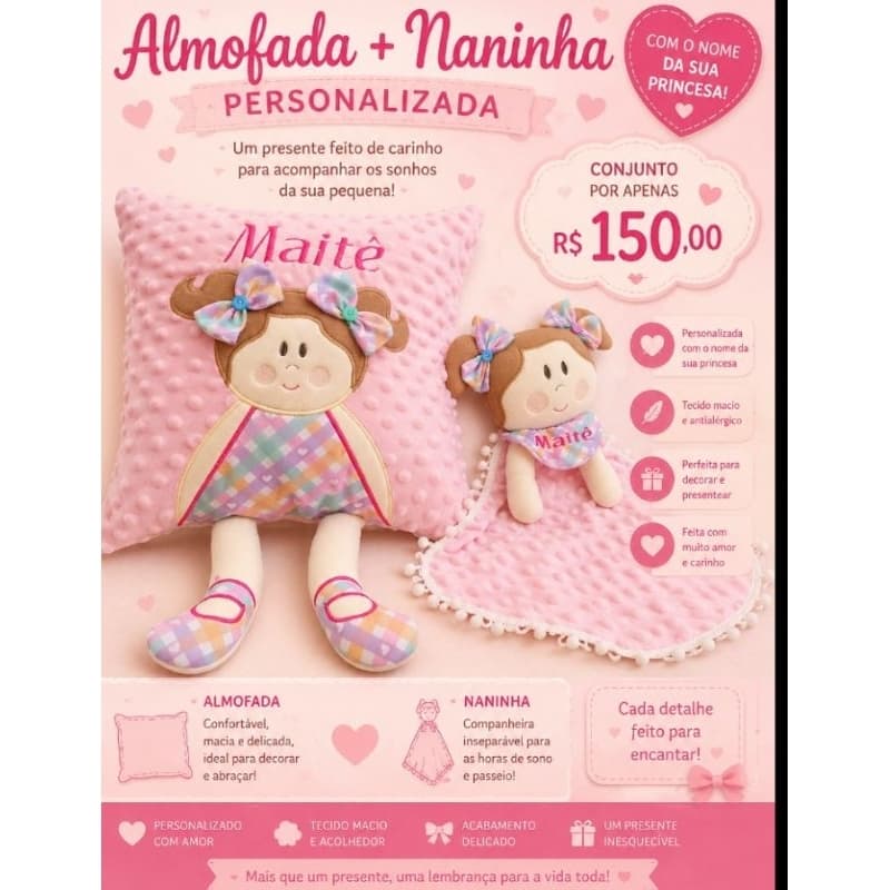 kit almofada+naninha boneca bebê menina