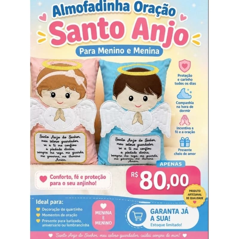 Almofada bebê anjinho oração Santo Anjo do Senhor