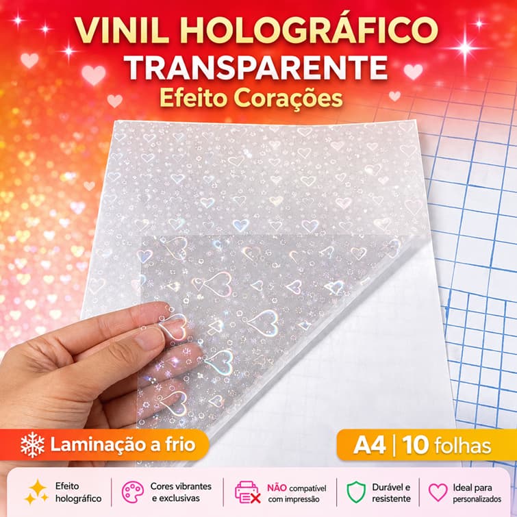 LAMINAÇÃO A FRIO - Vinil Adesivo Holográfico Transparente CORAÇÃO - A4- 90g - 10 folhas