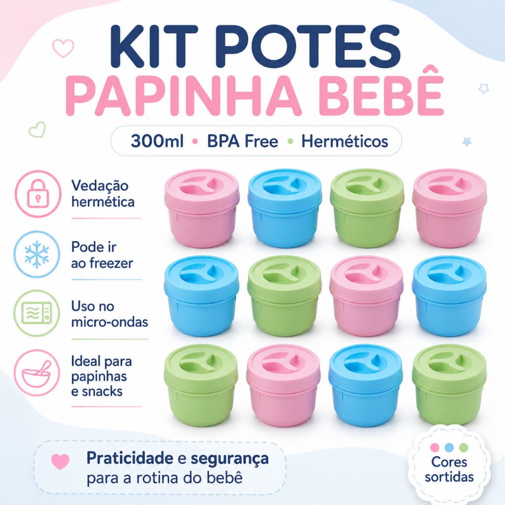 Pote Papinha Bebe 300ml BPA Free Hermetico Atóxico Microondas Freezer Alimentacao Infantil Introducao Alimentar