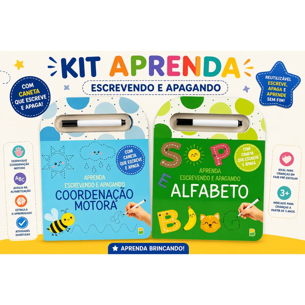 Kit educativo infantil com livros reutilizáveis para aprender brincando