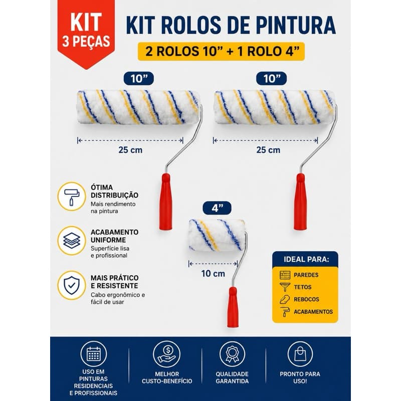 Rolo de Pintura com Suporte | 2 Rolos, 3 Rolos ou Separado