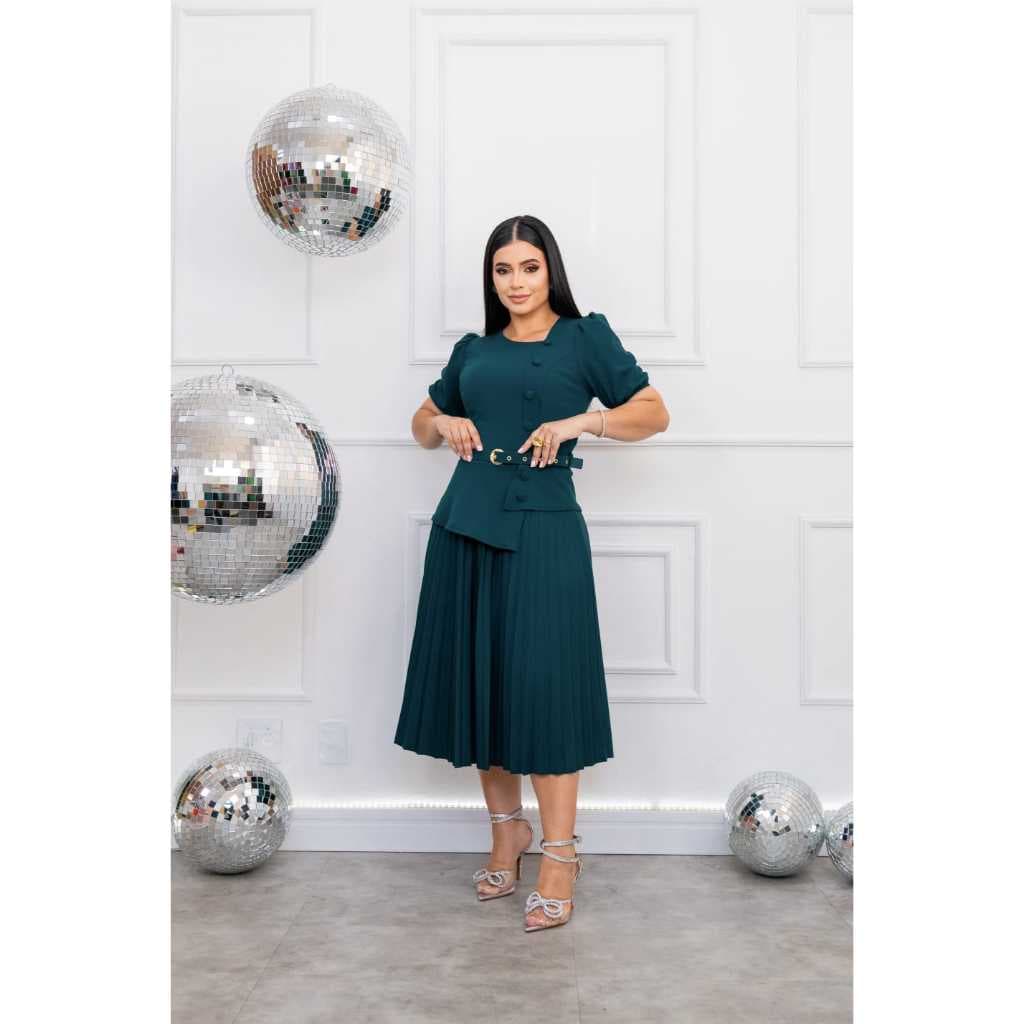 Vestido Midi Plissado com Cinto e Manga Bufante
