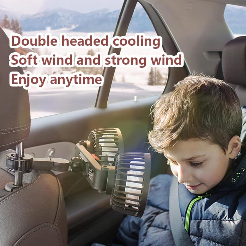 Ventilador Silencioso para Carro Traseira Duplo - Rotativo 360° 3 Velocidades USB Instalado no Travesseiro