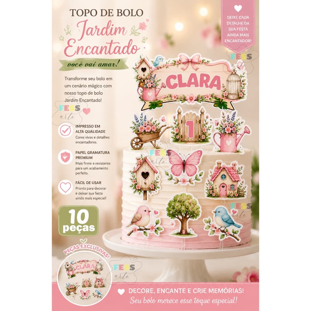 topo de bolo jardim encantado 10 peças personalizado mesversario nome idade tag safari barato
