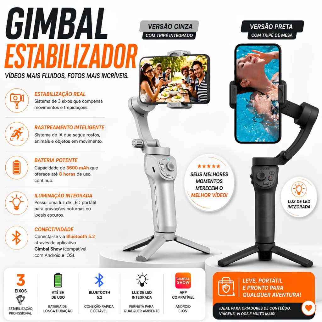 Estabilizador para Smartphone Gimbal 3 Eixos Detecção Automática Pessoa Animal e Objeto