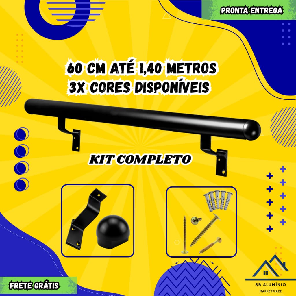 Corrimão de Alumínio 40 CM A 1,40 MTS - Redondo - Kit Completo - Escada - Rampa - Banheiro - Barra de Apoio