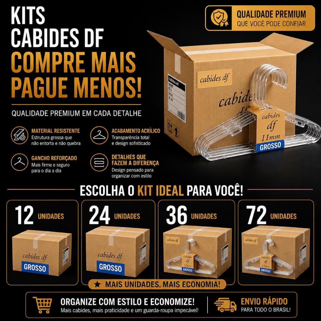 Cabide Acrílico Cristal Grosso 11mm Transparente Kit 12 - 24 - 36 - 72 Reforçado Adulto atacado