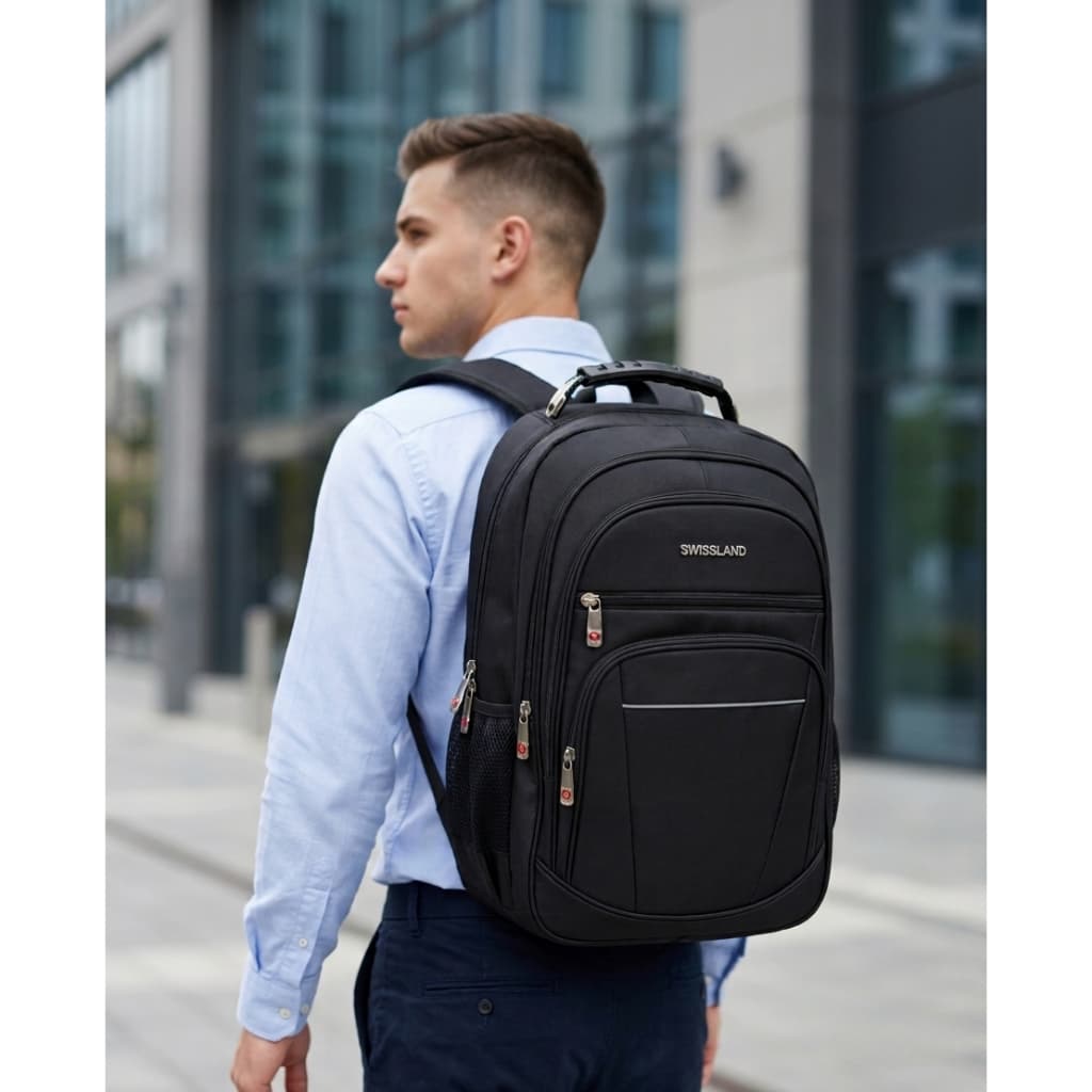 Mochila Swissland Preta Unissex 4 Compartimentos Alças e Costas Acolchoadas Alça de Mão Reforçada