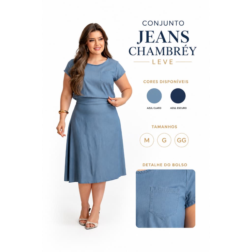 Conjunto Midi com Saia Evasê, Blusa Con Bolso Jeans  Leve Chambray REF 0060