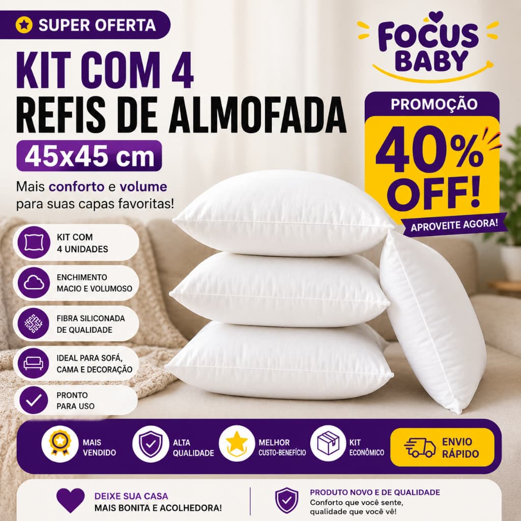 Kit 2 refil  Para Almofadas 45x45 Fibra Siliconada Alto Volume
