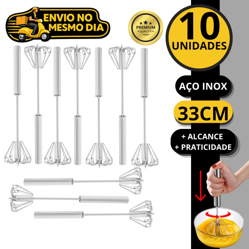 KIT 5 ou 10 Batedor Semi Automatico de Ovos Clara Aço Inox Fue Fuet Manual Mixer Profissional Multiuso