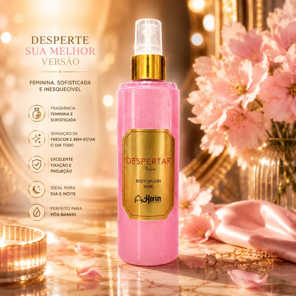 Perfume Árabe Body Splash Feminino 200ml Despertar Harim Alta Fixação Dia e Noite Pós Banho