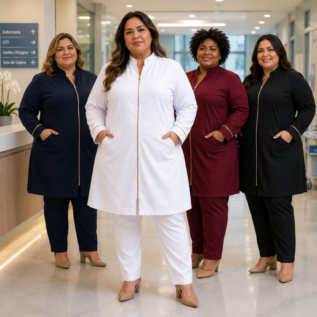 Jaleco Feminino Plus Size Gabardine com Elastano Acinturado Gola Padre Zíper e Punho