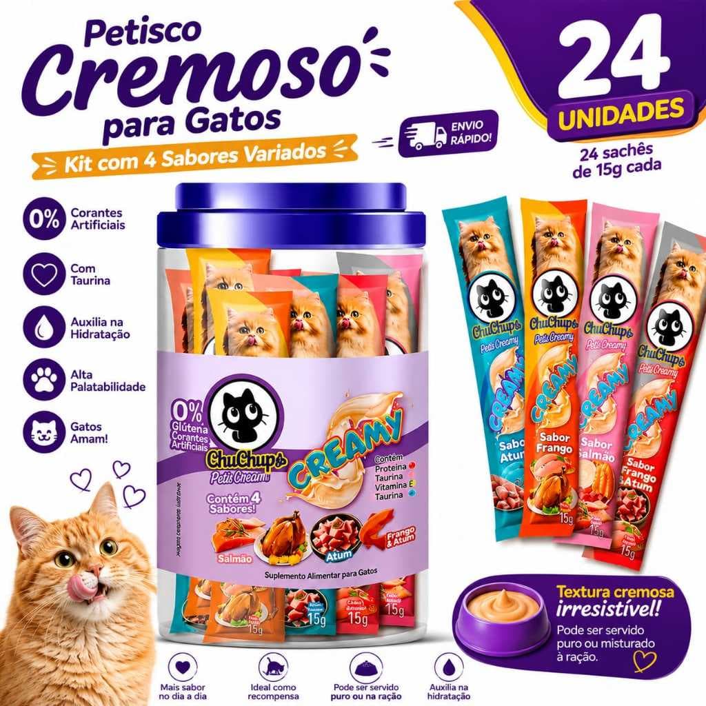 ChuChups Creamy 24 unidades Petisco Para Gatos 24 Sachê 15g cada Sabores Variados