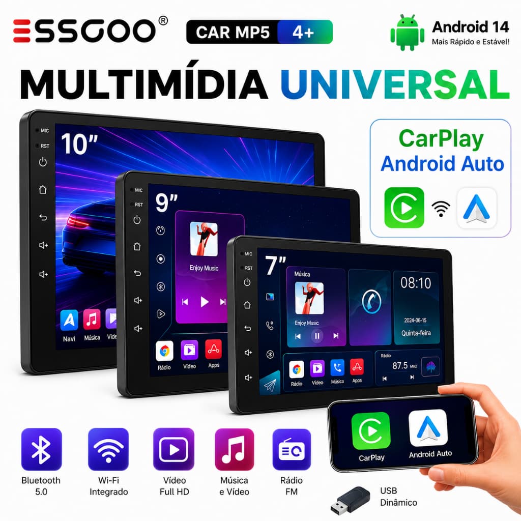 Central Multimídia android 2g + 32g carplay player De 7 9 10 Polegadas Wifi GPS Bluetooth