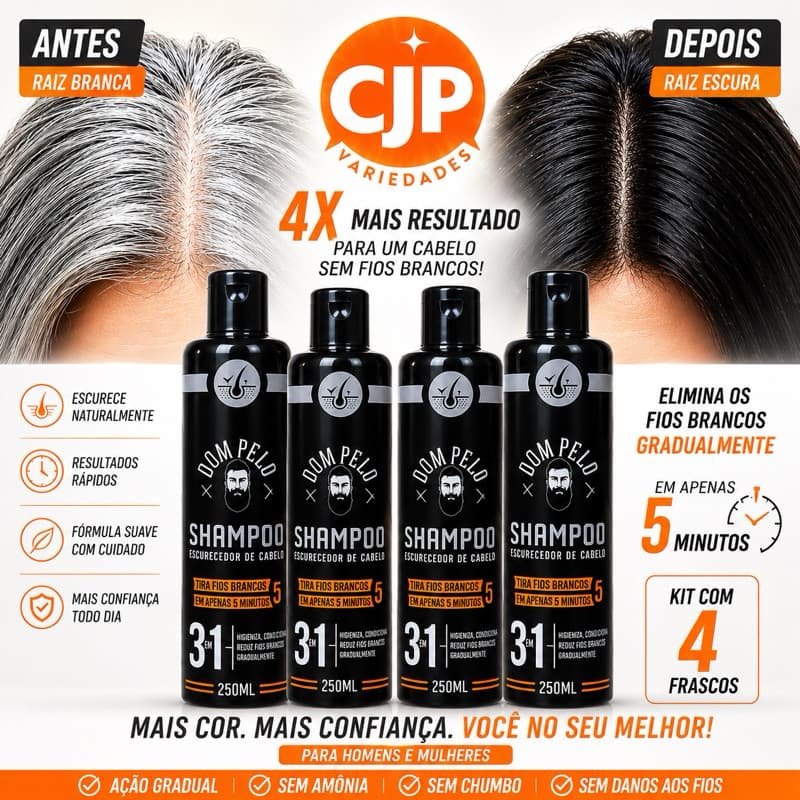Kit 4 Shampoo Escurecedor de Cabelos Dom Pelo 250ml Cada Anti Fios Brancos Masculino e Feminino