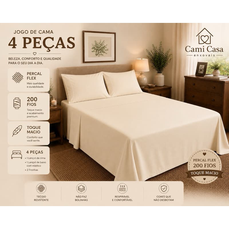 Jogo de lençol 4 peças elástico+cima e fronha percal flex 200 fios detalhes ponto palito CASAL/QUEEN/KING/SUPER KING