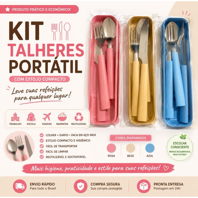 Kit Talheres Inox com Estojo Portátil para Marmita Trabalho Faculdade Viagem Pronta Entrega