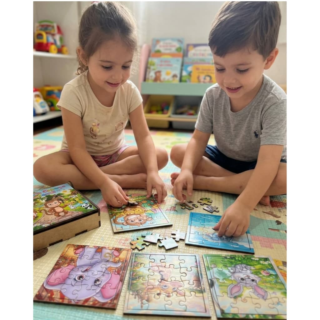 Kit Quebra-Cabeça Infantil – 4 Quebra-Cabeças Educativos de Bichinhos 🐵🦒🐰🐄