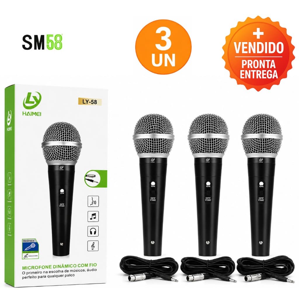KIT 3 Microfone Dinâmico Com Fio 5 Metros SM58 Cabo Grosso Karaokê Igreja Eventos Alta qualidade