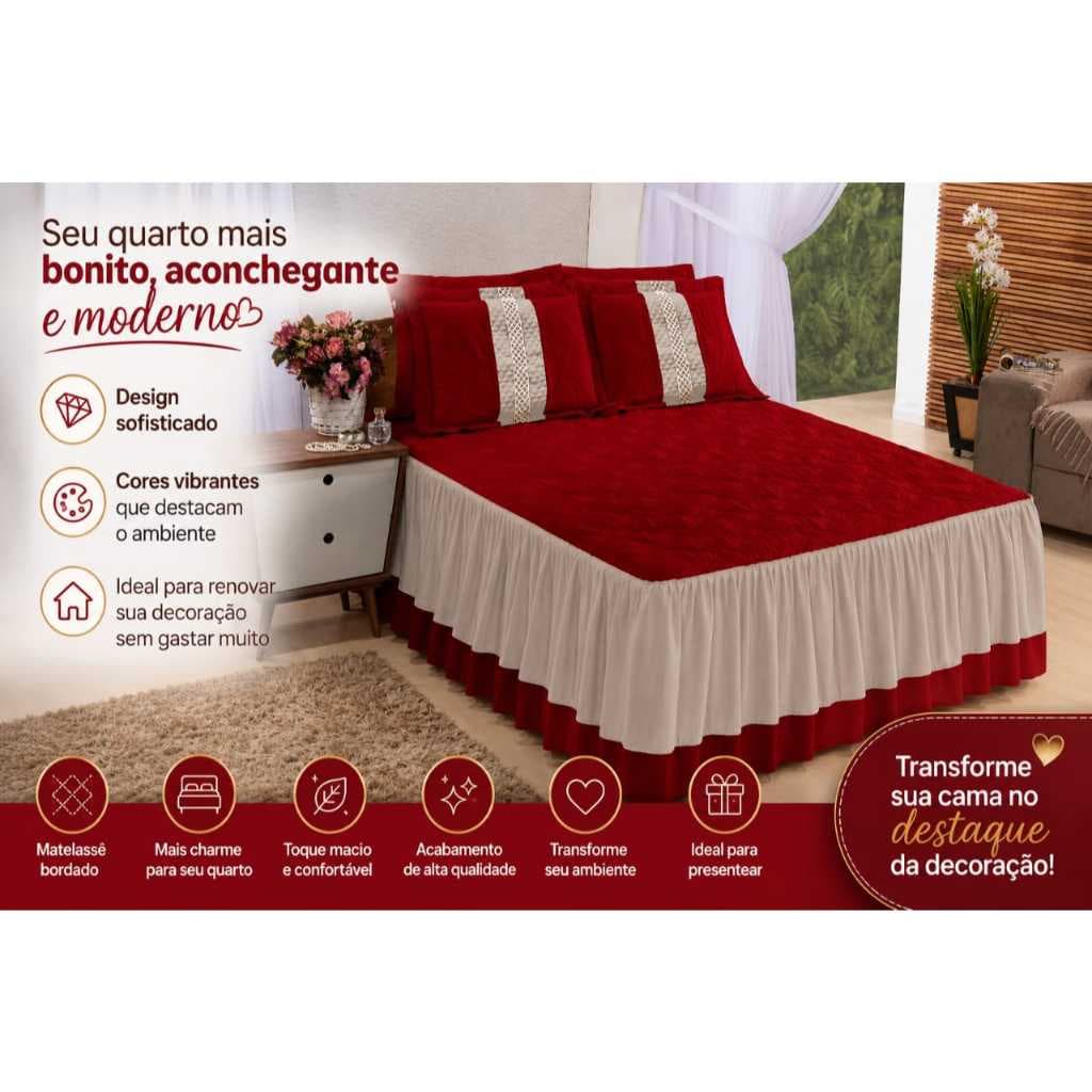 Colcha Casal Queen Kit Bordada 2,70 X 2,60 Vermelho Cama Box