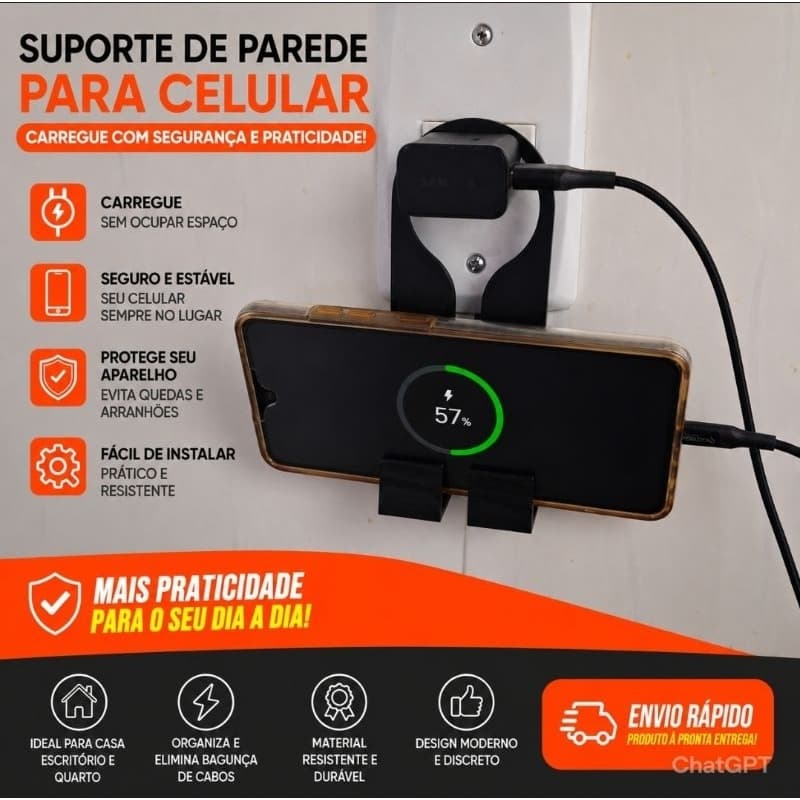 Suporte de Parede para Carregar Celular Compacto Seguro Prático e Resistente Sem Fios Bagunçados Protege Contra Quedas