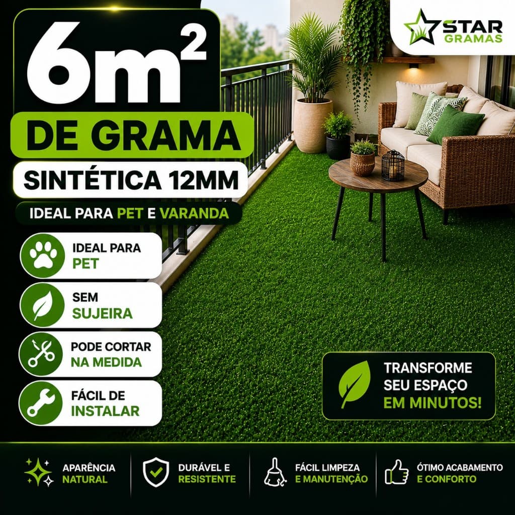 Grama Sintética 6m² para Jardim, Varanda, Pet Fácil, Kids Instalação Alta Durabilidade