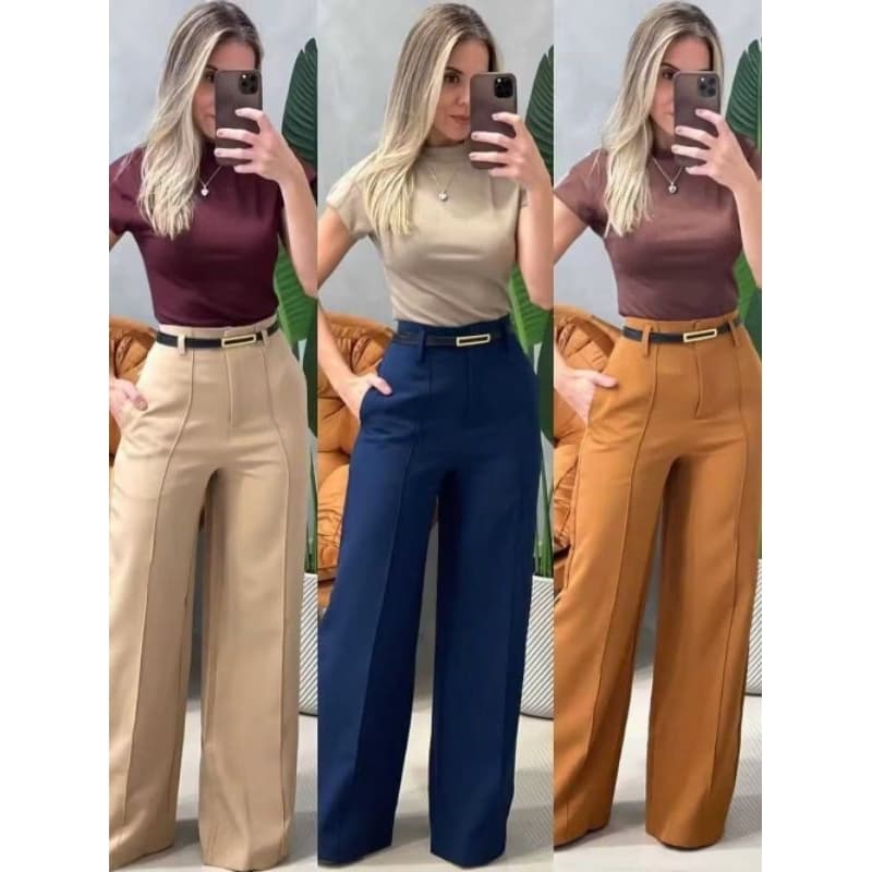 Calça Feminina Pantalona Alfaiataria Cintura Alta Zíper Lateral Reta Social Trabalho Escritório Elegante