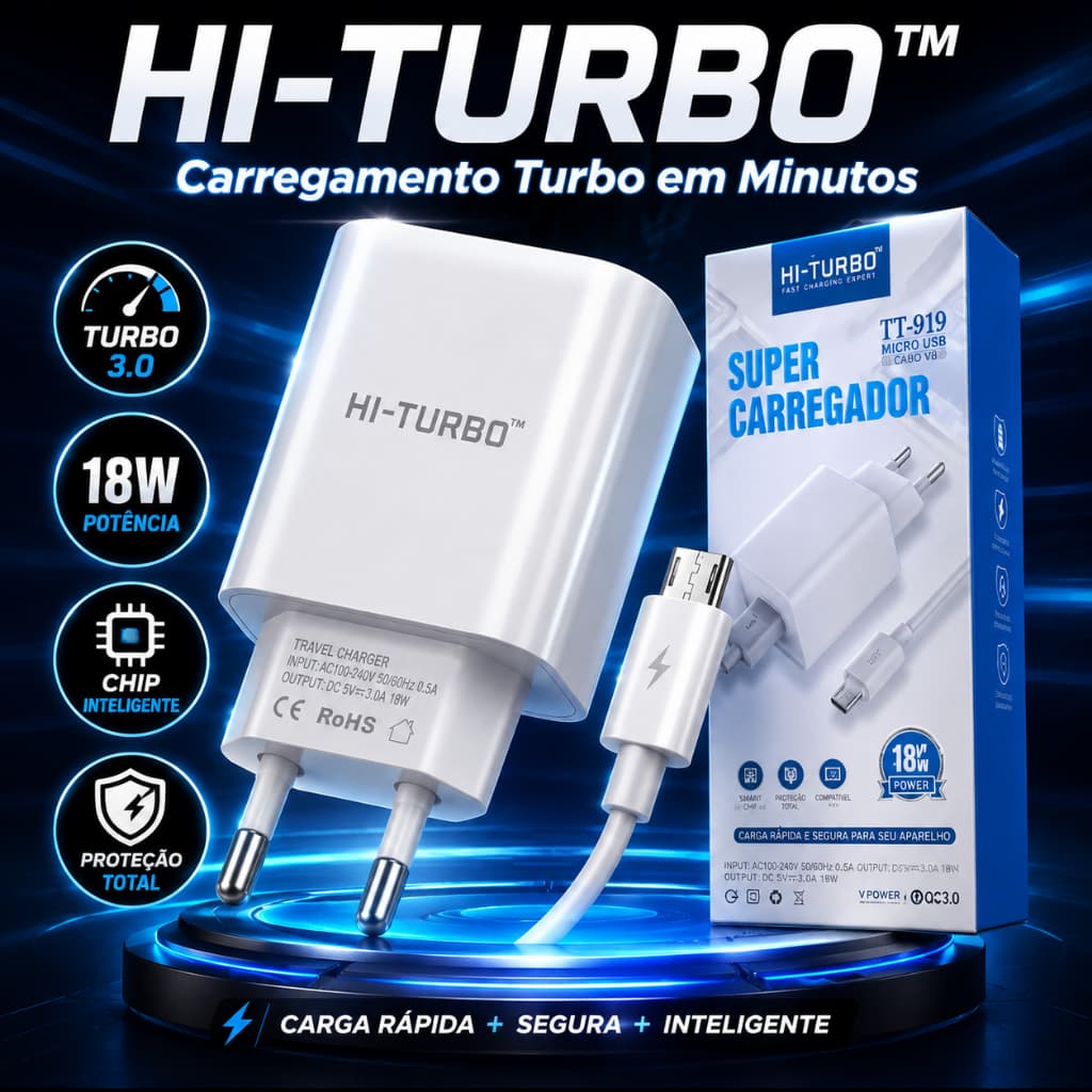 Carregador Turbo  Micro USB V8 HI-TURBO SmartCharge 3.0 Compatível SAMSUNG/ MOTOROLA/ LG/ ANDROID