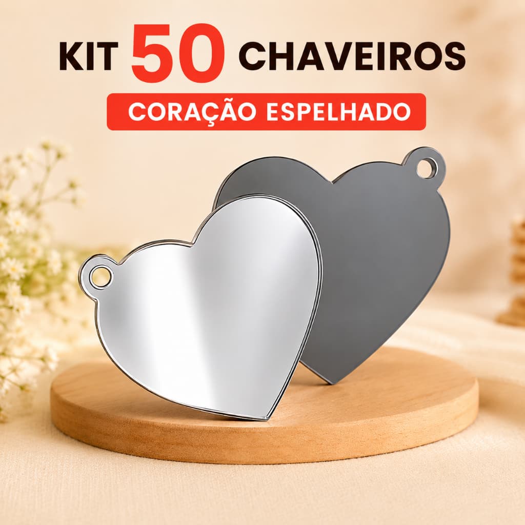 Chaveiros de Coração de Acrílico Espelhado Kit c/50 para (sem argola) (sem personalização)