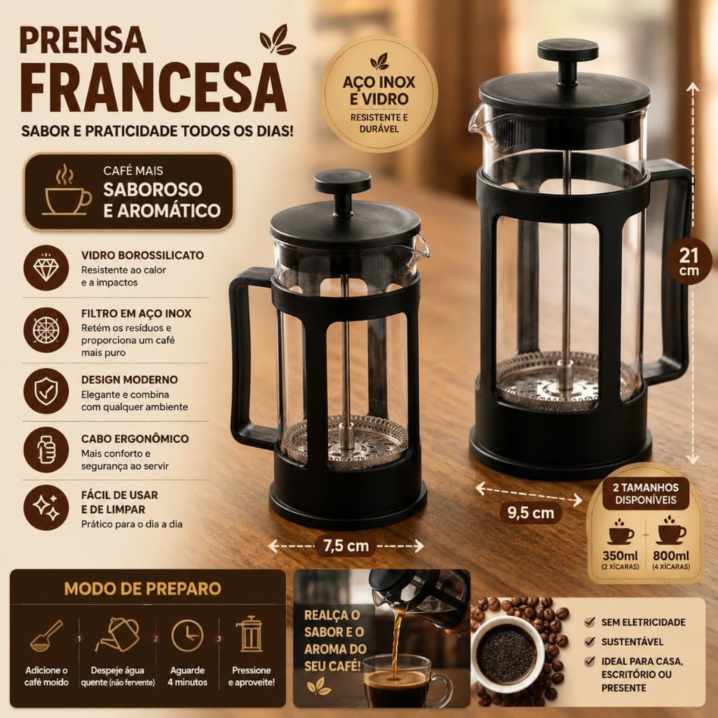 Cafeteira Prensa Francesa Para Cafe 600ml Cremeira Café 300ML Expresso Leite Cremoso Chá