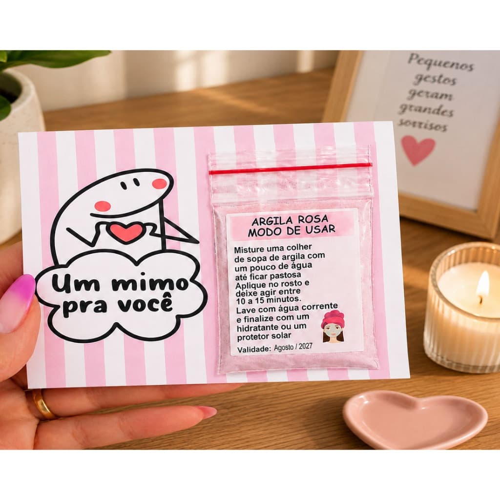 30 Mimo para cliente - Cartão + sachê argila rosa - Agradecimento autocuidado bem estar lembrancinha