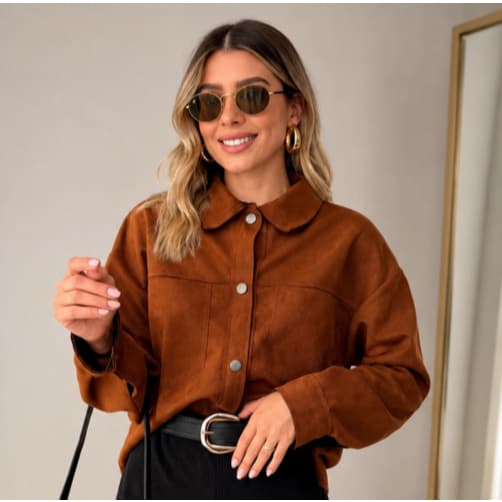 Camisa Feminina Suede Veludo Manga longa Bolsos Botões Moda Outono Inverno