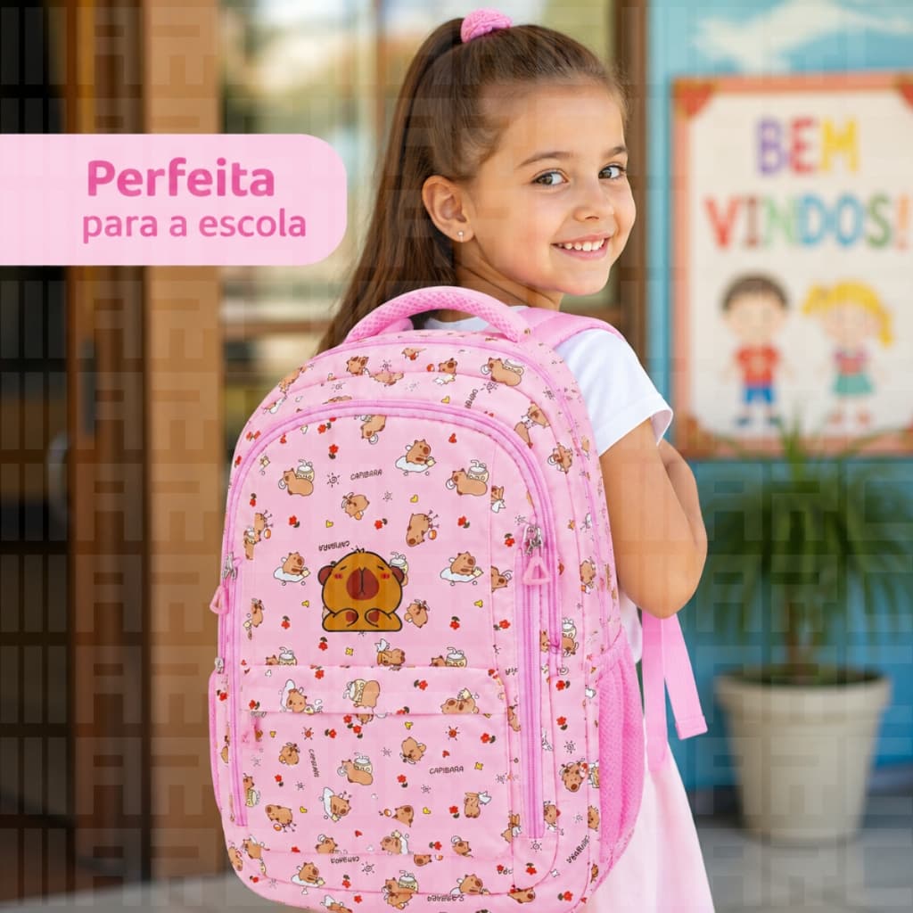 Mochila Escolar Capivara Rosa Infantil Feminina Capibara Grande Reforçada Bolsos Volta às Aulas