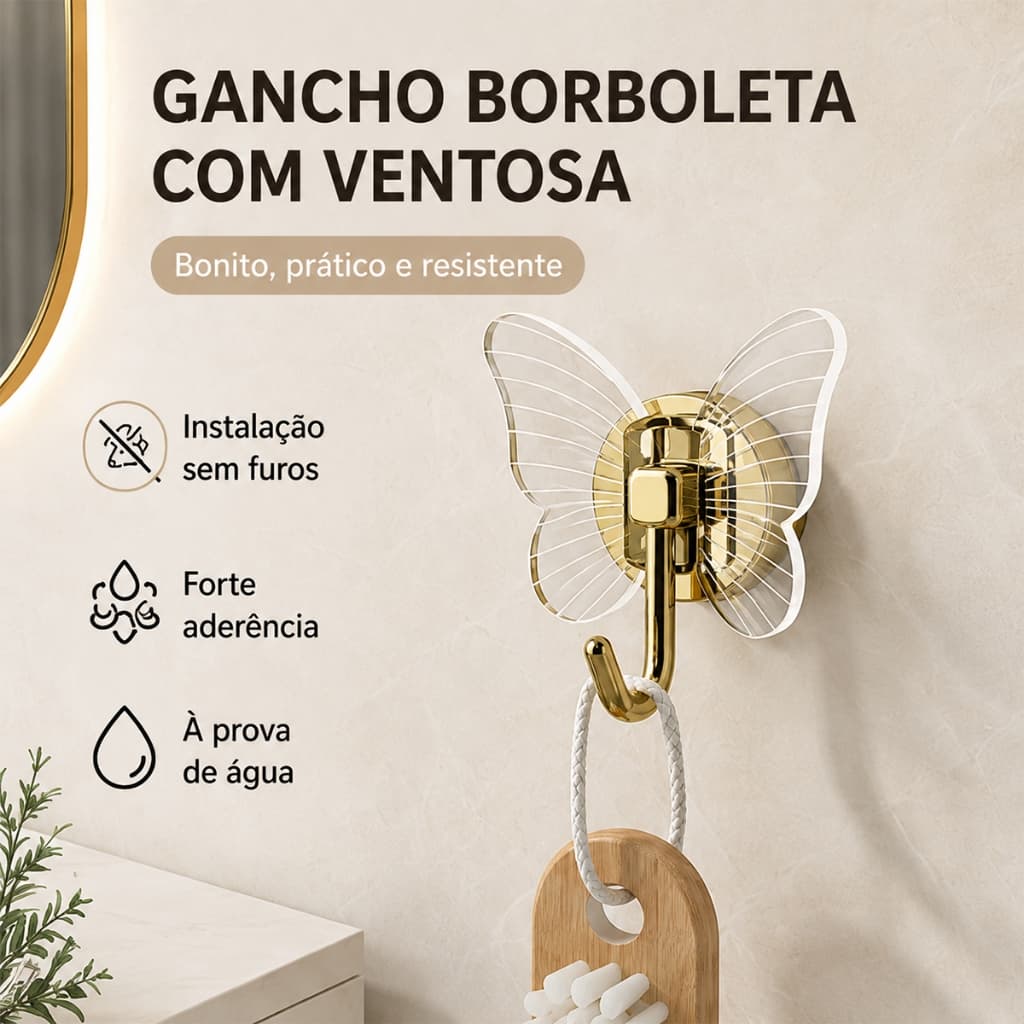 Gancho Decorativo Borboleta em Metal Dourado com Asas Acrílicas Transparentes