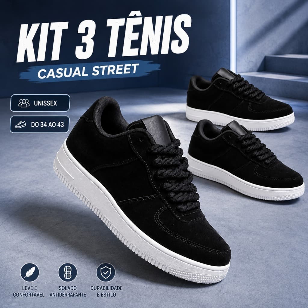 Oferta 3 Pares Tênis Streetwear Camurça Masculino Feminino Confortável Academia e Corrida Promoção