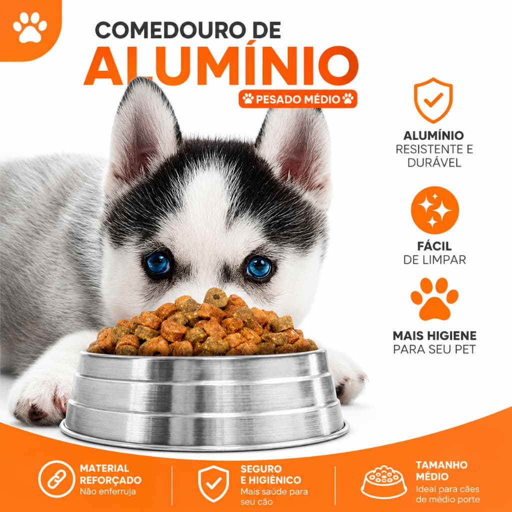 Comedouro para Cães em Alumínio Pesado Médio – Resistente, Durável e Fácil de Limpar
