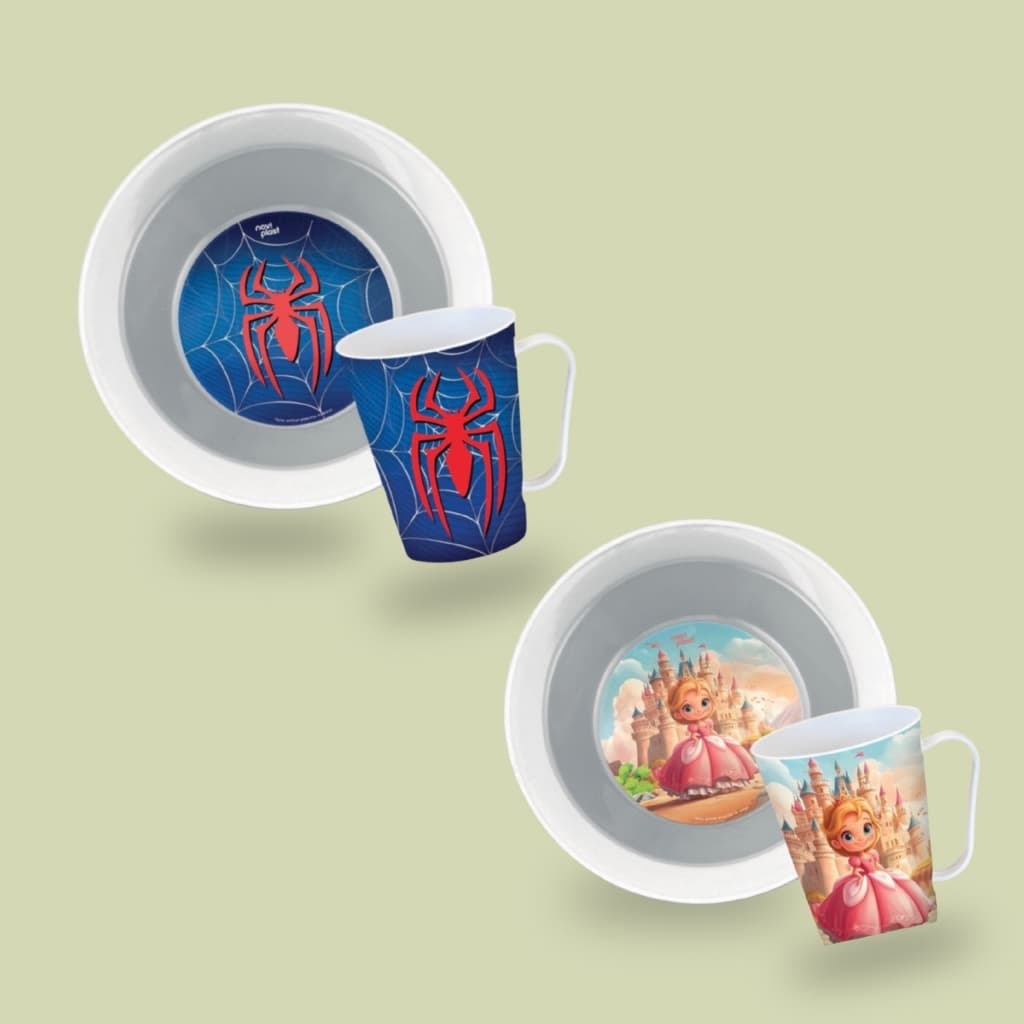 Kit Refeição Irmãos Homem Aranha E Princesa Prato E Caneca Infantil Completo Presente Kids