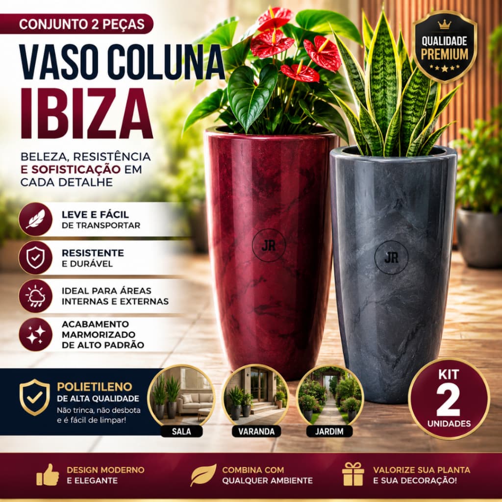 Kit 2 Vasos Decorativos Polietileno 49cm Grande Moderno Jardim Sala Varanda Cachepot 13L