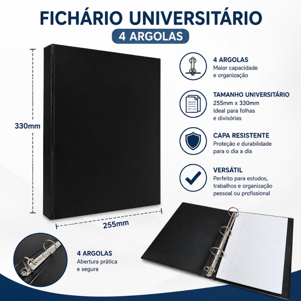 FICHÁRIO UNIVERSITÁRIO 4 ARGOLAS PVC LAMINADO 255x330mm