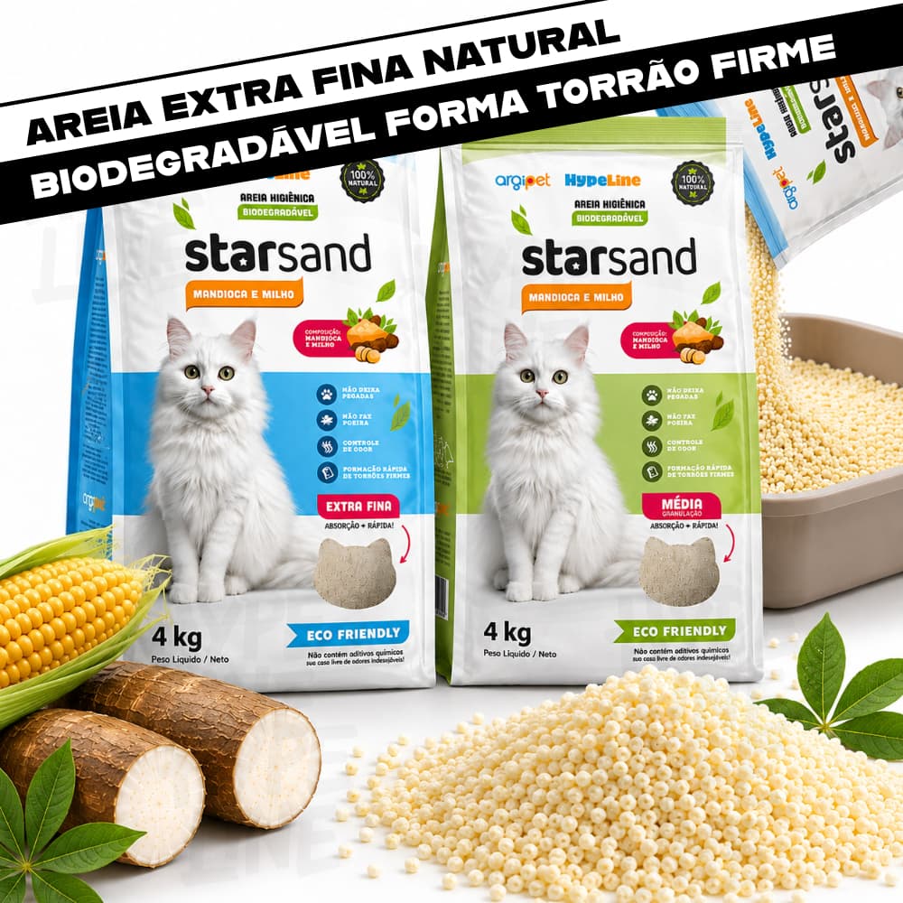 Areia Biodegradável Mandioca e Milho Grãos Finos Granulado Higiênico Para Gatos 100% Natural 4Kg