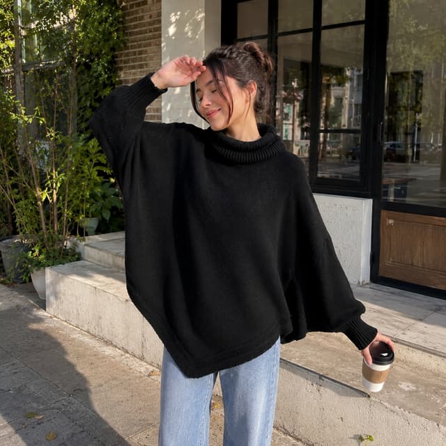 Suéter Feminino Gola Alta Oversized Tricô Tamanho Único Manga Morcego Moda Inverno