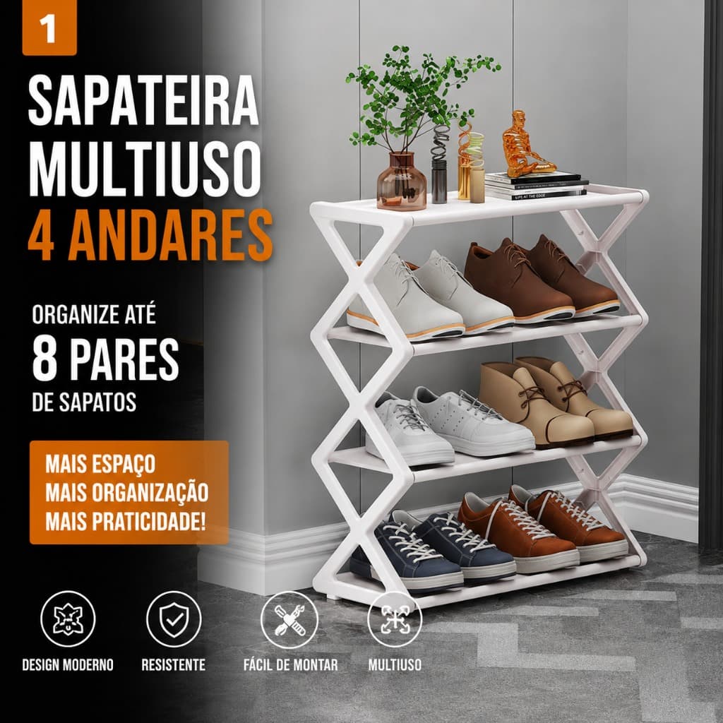 Sapateira Vertical Multiuso 4 Andares Organizador de Sapatos Até 8 Pares Compacta Resistente Sortida