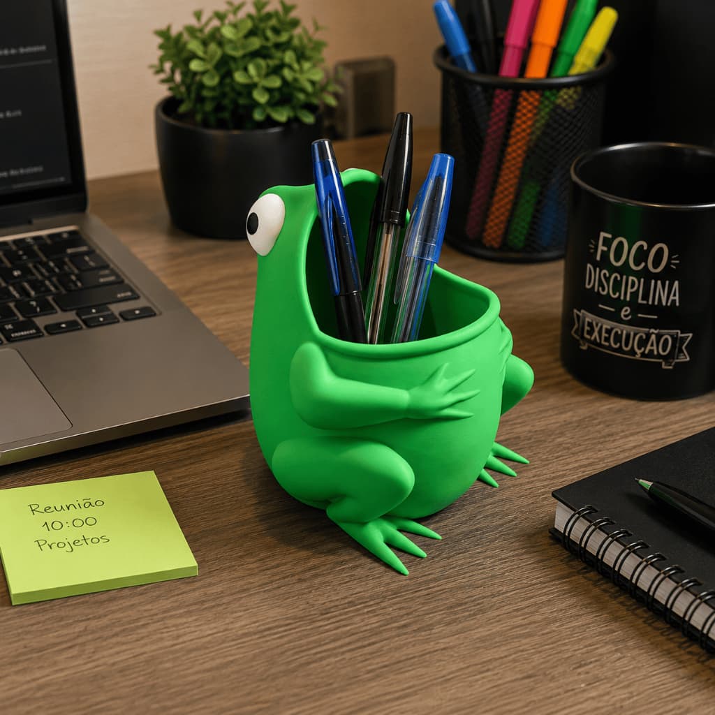 Porta-Canetas Sapo Verde Divertido – Organizador de Mesa Criativo para Escritório e Home Office