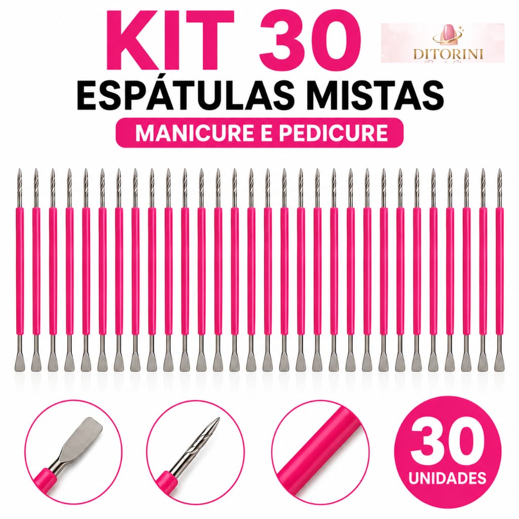 Kit 30 Espátulas de Cutícula Inox Mista Manicure Pedicure Profissional Cabo Silicone