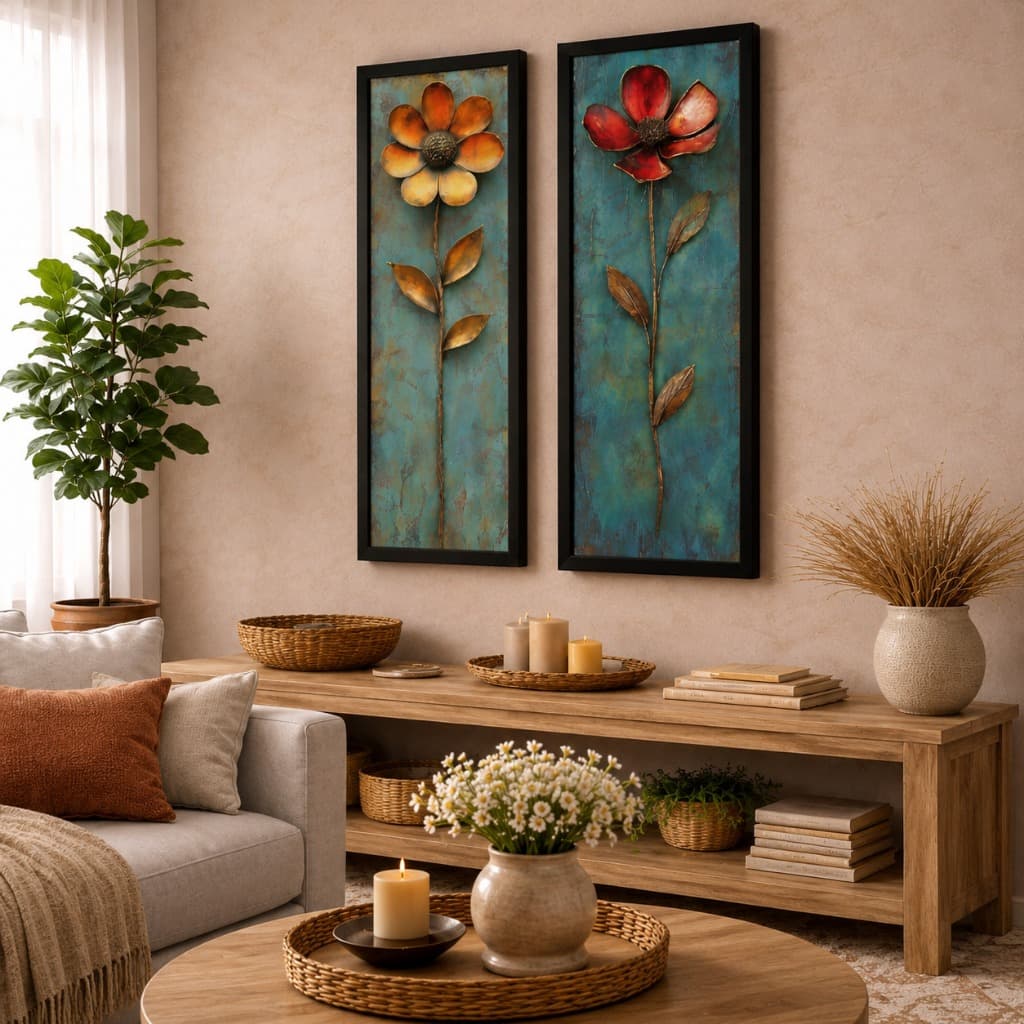 Kit Quadros Decorativos Flores Artísticas com Efeito Texturizado Decoração Moderna Flor Metal
